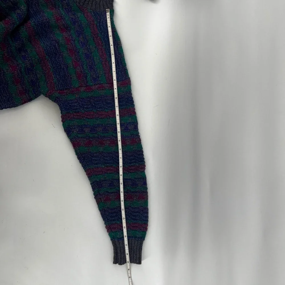 Vintage Wool Knit Sweater Oversized Striped Geometric Crew Neck Teal Purple M/L
